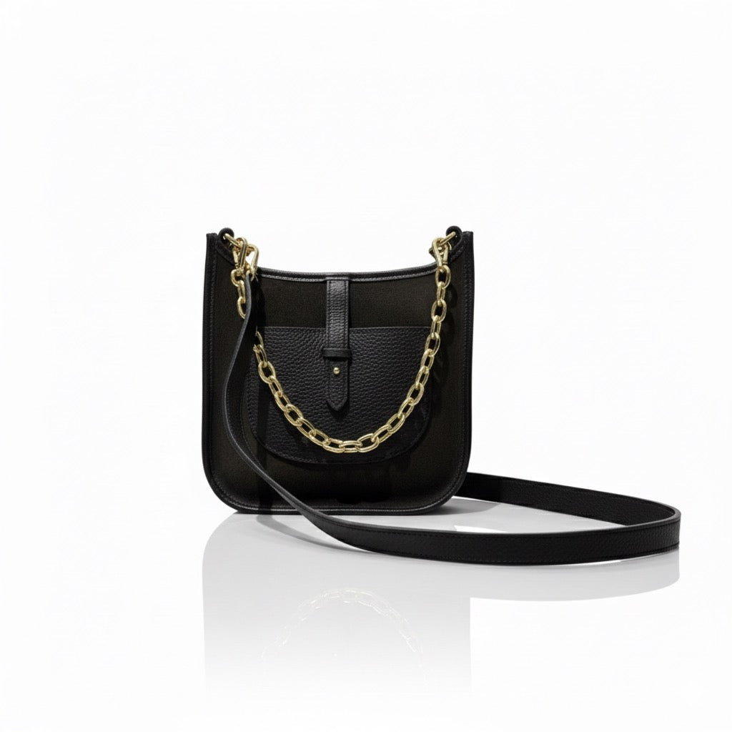 Schwarze Crossbody Tasche Leder Wildleder | Goldkette